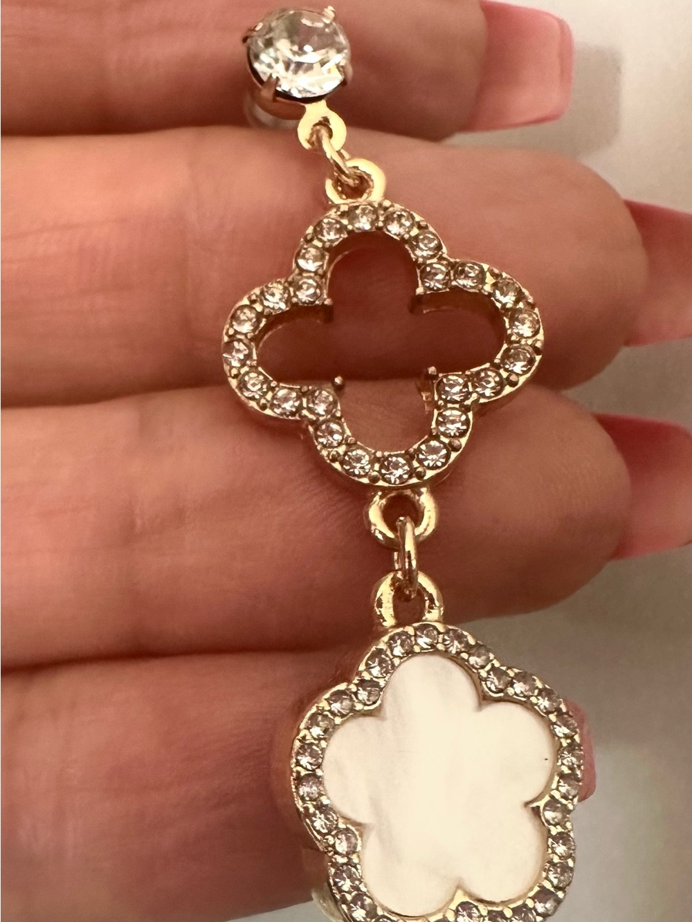 Gold-Tone Mother-of-Pearl Drop Earrings with Crystal Accents - Picture 2 of 7